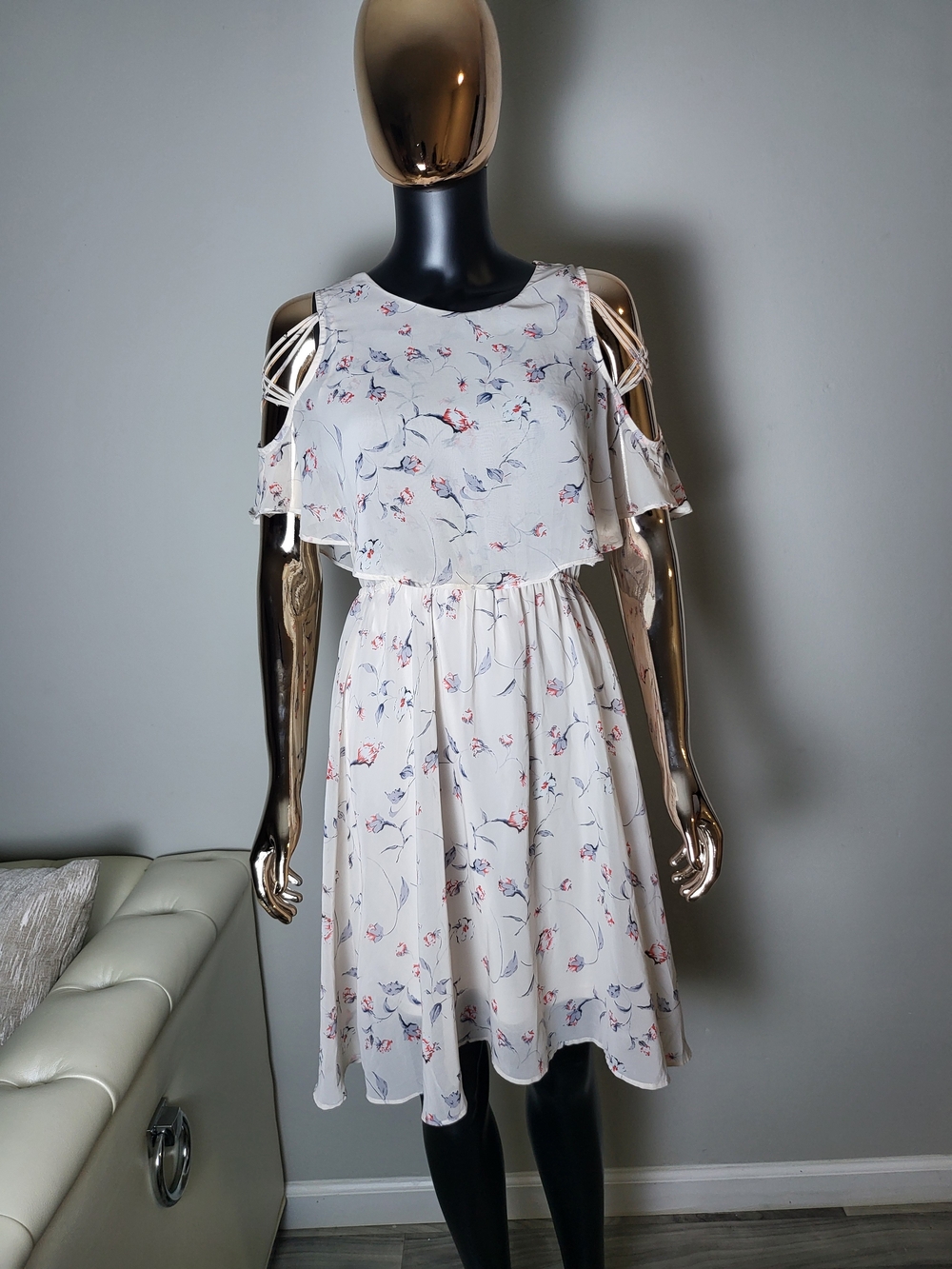 Cream Floral Cold-Shoulder Summer Dress